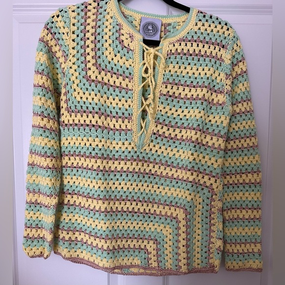 Happy Sheep Striped Boho Crochet Lace-Up Neck Medium Sweater Copper-Yellow-Mint - Picture 3 of 7